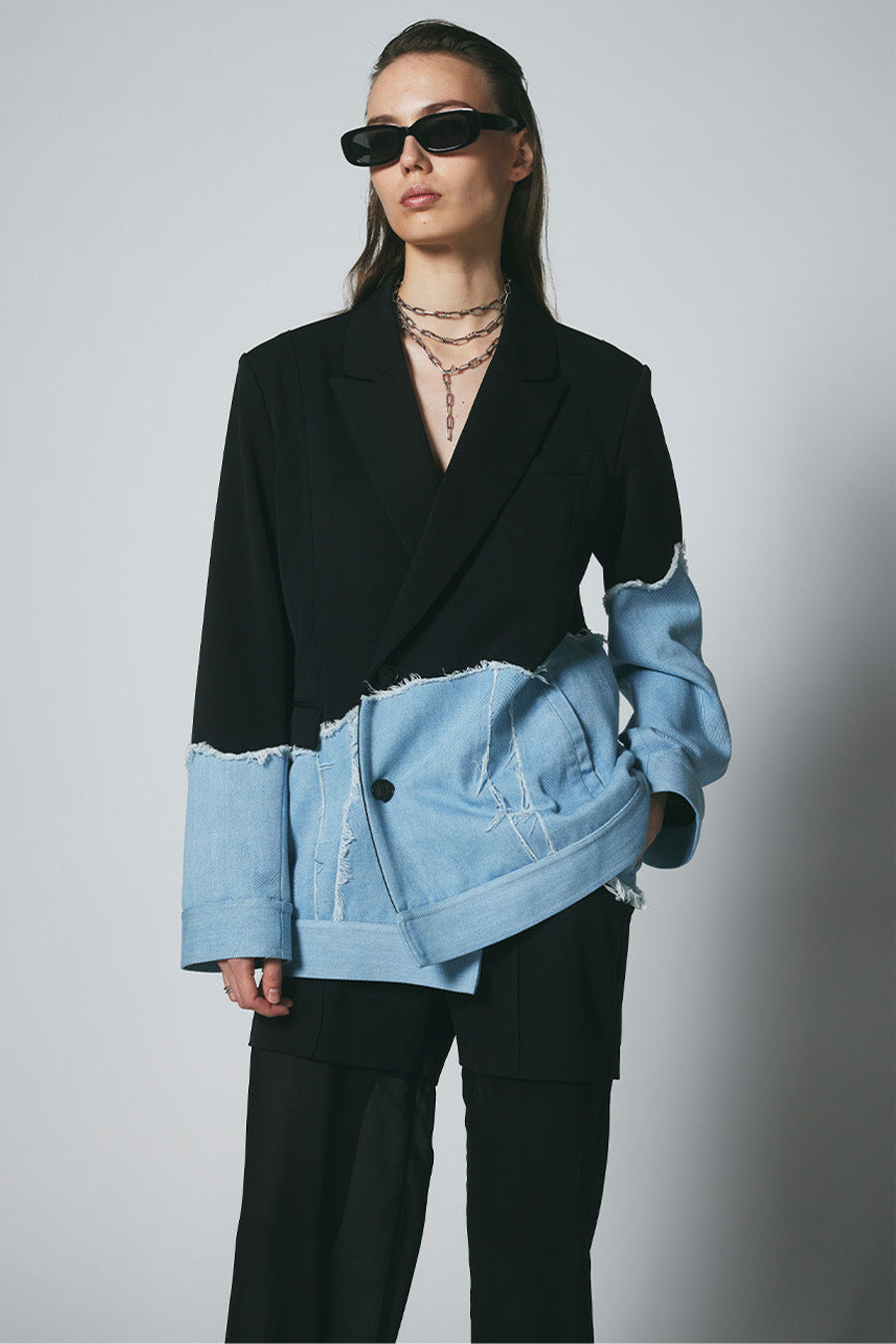 アウラアイラ　コントラスト　デニムジャケット 黒×デニムブルー　バイカラー Contrast Denim Jacket – aula-tokyo
